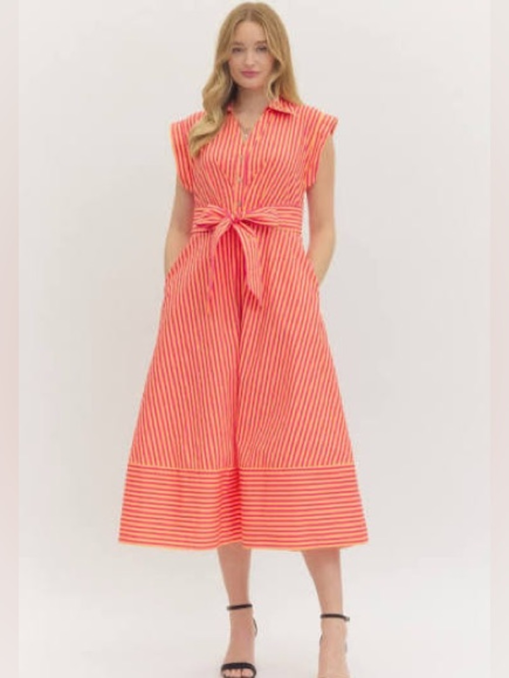 Entro Coral and Hot Pink Striped Tie-Waist Dress